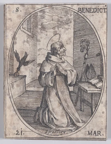 S. Benoit (St. Benedict), March 21st, from "Les Images De Tous Les Saincts et Saintes de L'Année" (Images of All of the Saints and Religious Events of the Year) by Jacques Callot, print, 1636