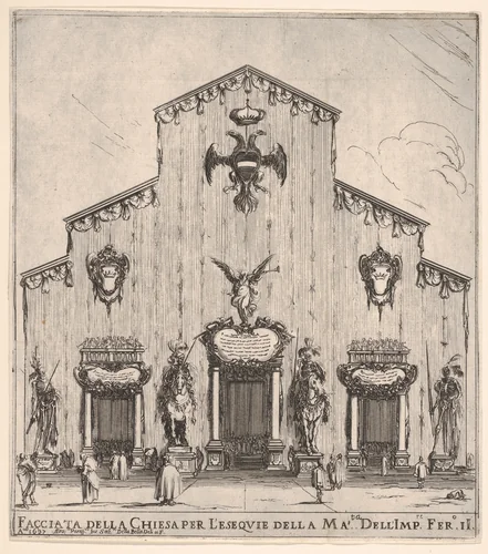 Façade of the church of San Lorenzo in Florence, decorated with the emperor's arms, four figures of death flanking the three entrances, the two in center on horseback, a large angel above central door, from "Ceremonies for the Funeral of Emperor Ferdinand II" (Funérailles de l'empereur Ferdinand II) by Stefano della Bella, print, 1637