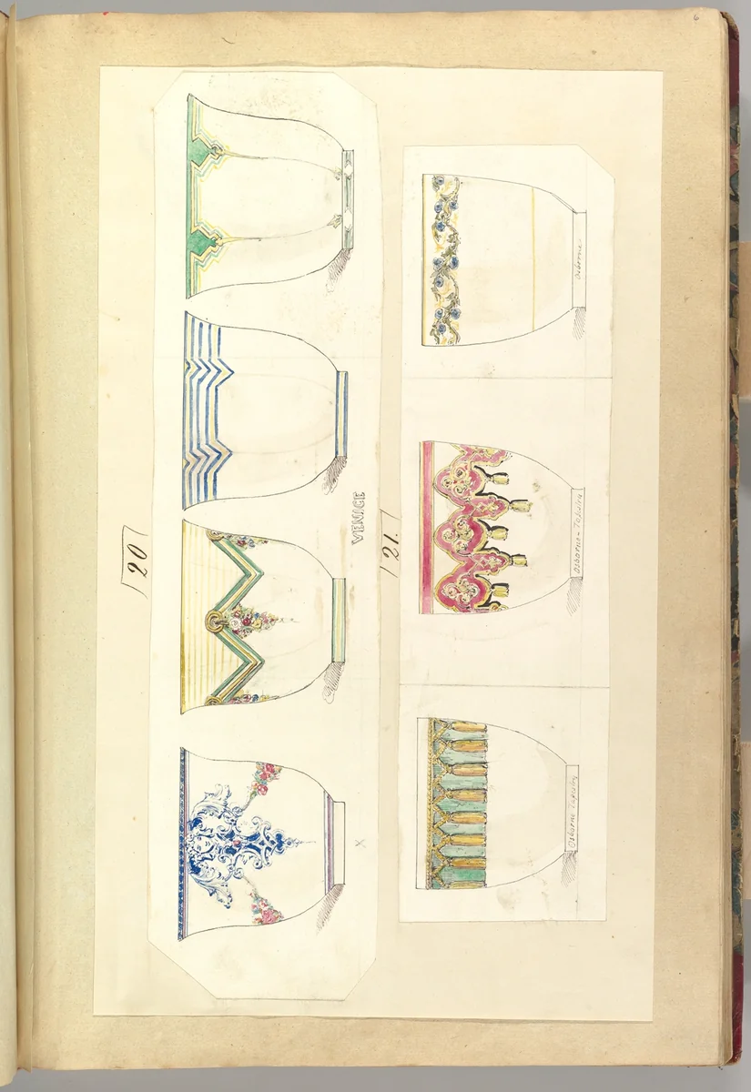 Seven Designs for Decorated Cups, including Venice, Osborne Tapetry and Osborne Patterns by Alfred Forrester, drawing, 1845-1855