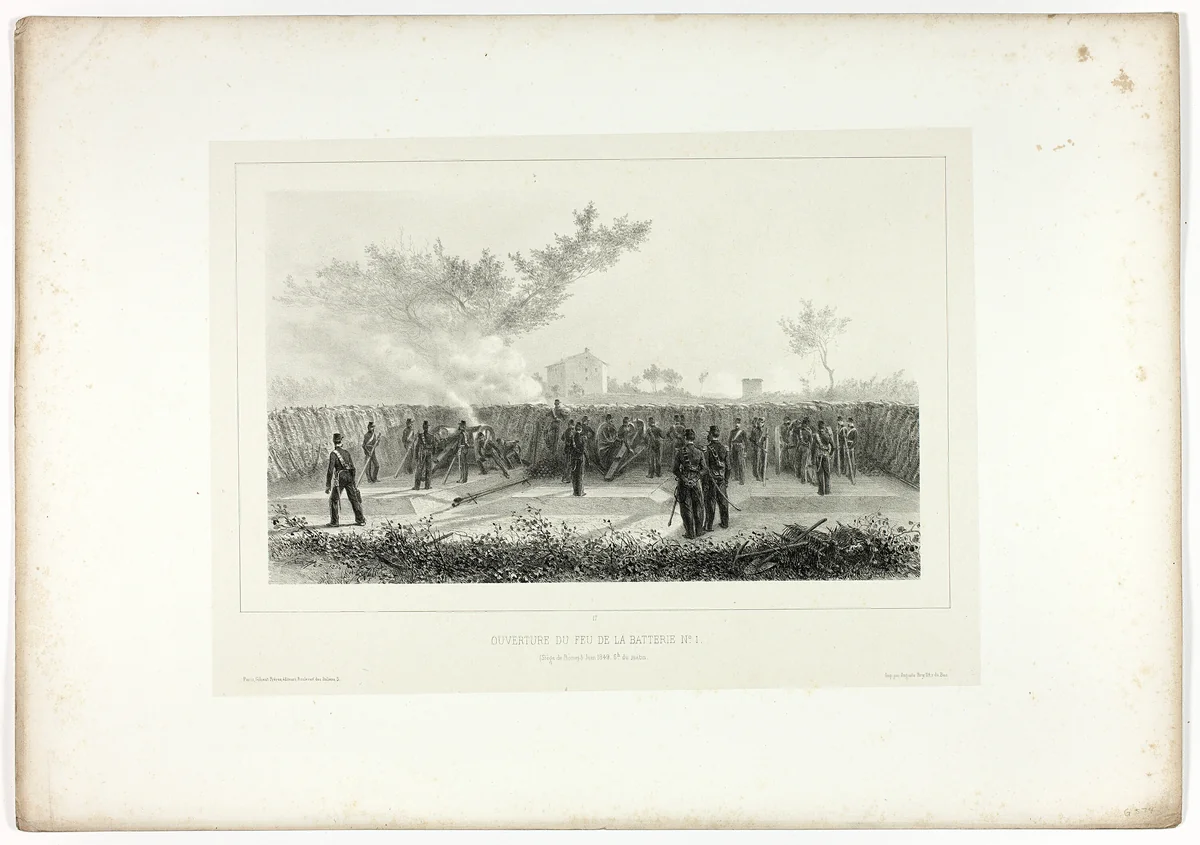 Battery No.1 opens fire, from Souvenirs d’Italie: Expédition de Rome by Denis Auguste Marie Raffet, print, 1854