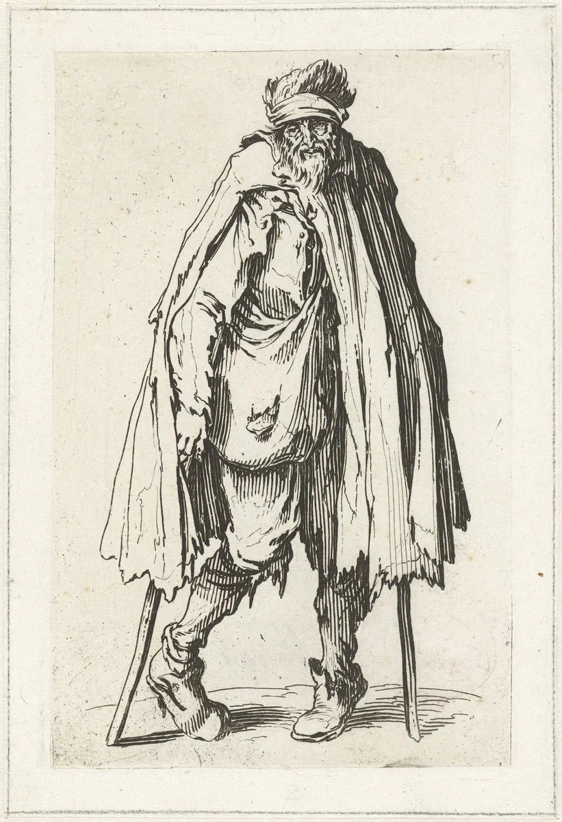 Bedelaar met krukken, van voren gezien by Jacques Callot, print, 1622-1623