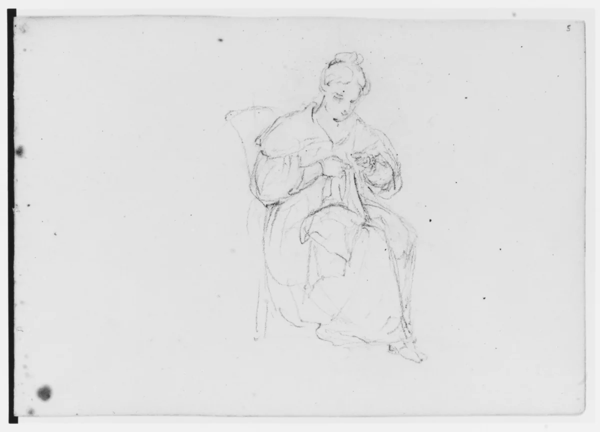Female Figure Sewing (from Sketchbook) by Asher Brown Durand, artwork, 1796-1886