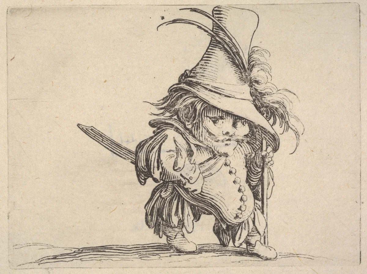 Small male figure in feathered hat with walking stick in left hand, from "Varie Figure Gobbi" by Jacques Callot, print, 1621-1625
