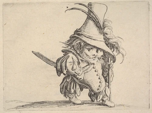 Small male figure in feathered hat with walking stick in left hand, from "Varie Figure Gobbi" by Jacques Callot, print, 1621-1625