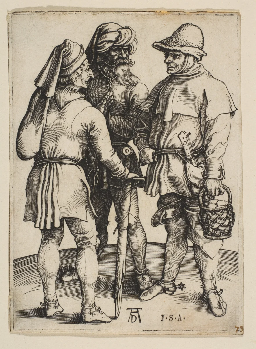 Three Peasants in Conversation by Albrecht Dürer, print, 1497