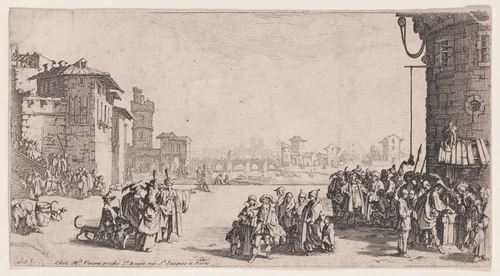 Le Marché d'Esclaves, estampe appelée aussi Les Galériens, Le Petit Paris, La Petite Vue de Paris (The Slave Market, also called The Galley Slaves, The Small Paris, The Small View of Paris) by Jacques Callot, print, 1610-1635