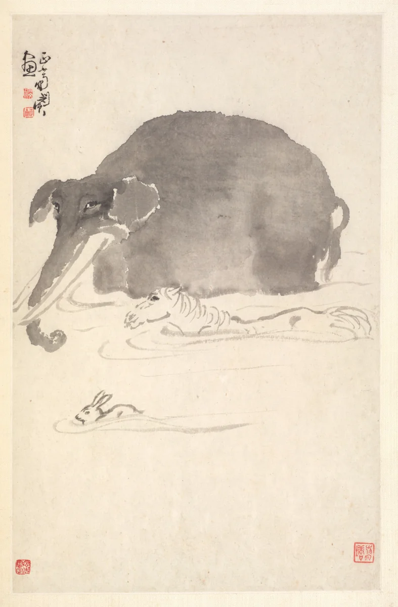 Elephant, Horse, and Hare by Min Zhen, painting, 1788