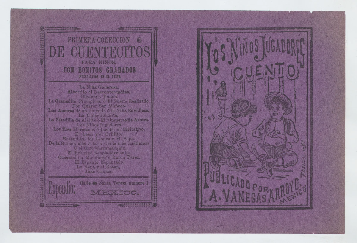 Cover for 'Los Niños Jugadores', two young boys playing with toys by José Guadalupe Posada, print, 1885-1915