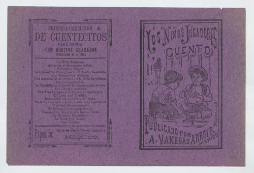 Cover for 'Los Niños Jugadores', two young boys playing with toys by José Guadalupe Posada, print, 1885-1915