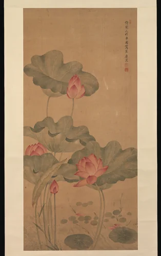 Red lotus and fish by Tang Guang, painting, 1650-1700