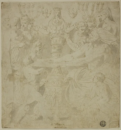 Oracle and Worshippers before the Statue of Artemis of Ephesus by Battista Franco, drawing, 1530-1561