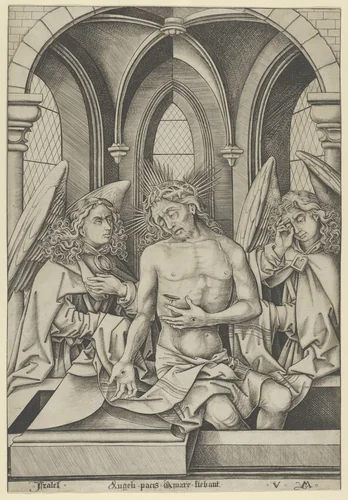 Christ as the Man of Sorrows Between Two Angels by Israhel van Meckenem, print, 1495-1505