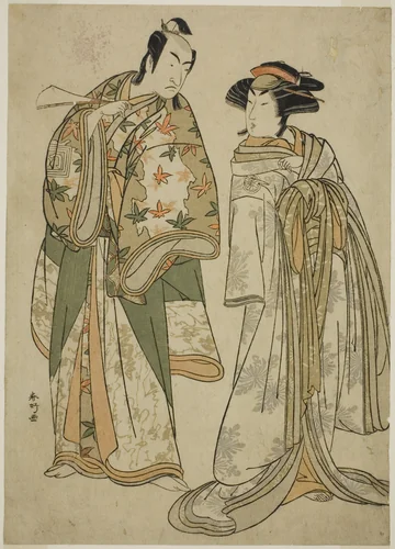 The Actors Segawa Kikunojo III as the Courtesan Sumizome (right), and Ichikawa Monnosuke II as Goinosuke Yoshimine (left), in the Play Juni-hitoe Komachi-zakura, Performed at the Kiri Theater in the Eleventh Month, 1784 by Katsukawa Shunko, print, 1779-1789
