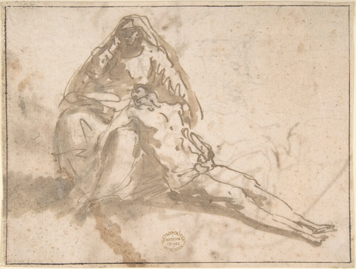 Pietà (recto); Sketches of Kneeling Figures, Putto (verso) by Domenico Mondo, drawing, 1760-1806