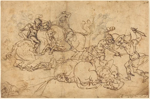 Soldiers Fighting by Giovanni Andrea Ansaldo, drawing, 1527-1585