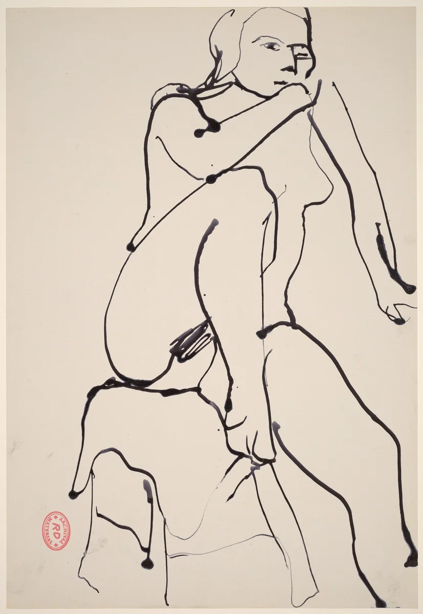 Untitled [nude on a draped stool with her right foot on the seat] by Richard Diebenkorn, drawing, 1955-1967