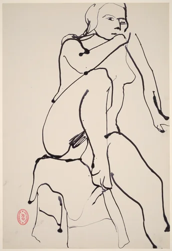 Untitled [nude on a draped stool with her right foot on the seat] by Richard Diebenkorn, drawing, 1955-1967