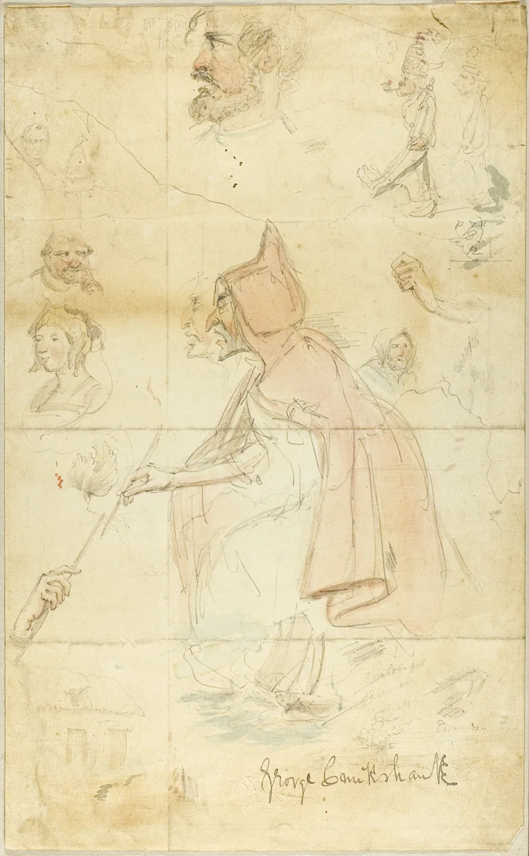 Mother Shipton (recto); Sheet of Sketches: Fleur-de-Lis and Figures (verso) by George Cruikshank, painting, 1864-1878