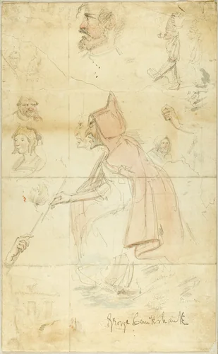 Mother Shipton (recto); Sheet of Sketches: Fleur-de-Lis and Figures (verso) by George Cruikshank, painting, 1864-1878