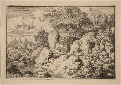 Two Horsemen on a Rocky Path by Allart van Everdingen, print, 1645-1656