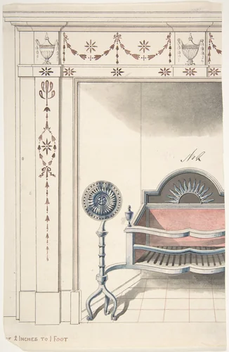 Fireplace and Grate Design with Sunflower Andirons by anonymous, drawing, 1800-1900