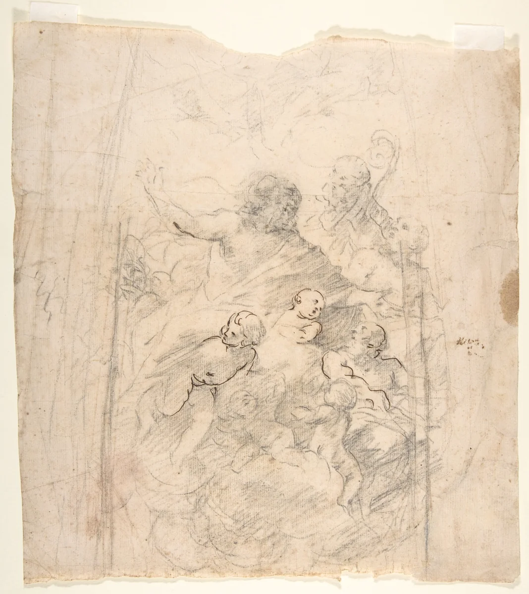 A Bearded Prophet in Glory Attended by a Bishop, Two Other Male Saints, and Angels (Design for a Section of a Dome) by Giovanni Lanfranco, drawing, 1634-1635