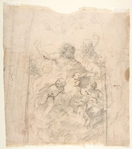 A Bearded Prophet in Glory Attended by a Bishop, Two Other Male Saints, and Angels (Design for a Section of a Dome) by Giovanni Lanfranco, drawing, 1634-1635