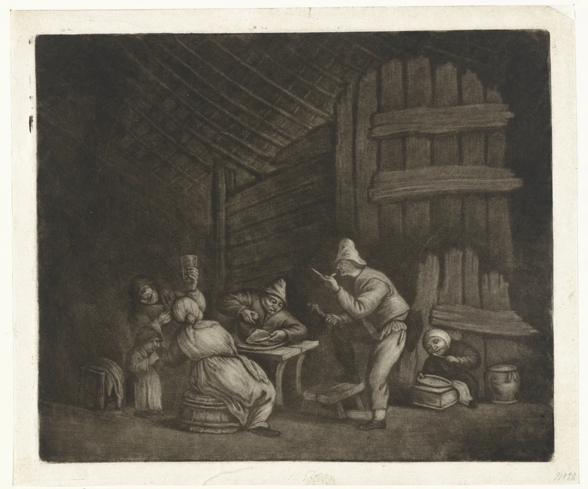 Maaltijd in een schuur by Jacob Hoolaart, print, 1723-1789