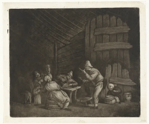 Maaltijd in een schuur by Jacob Hoolaart, print, 1723-1789