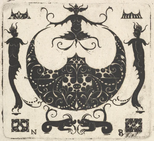 Lunar-shaped Ring Bezel and Grotesque Figures by Noël Rouillard, print, 1620-1630