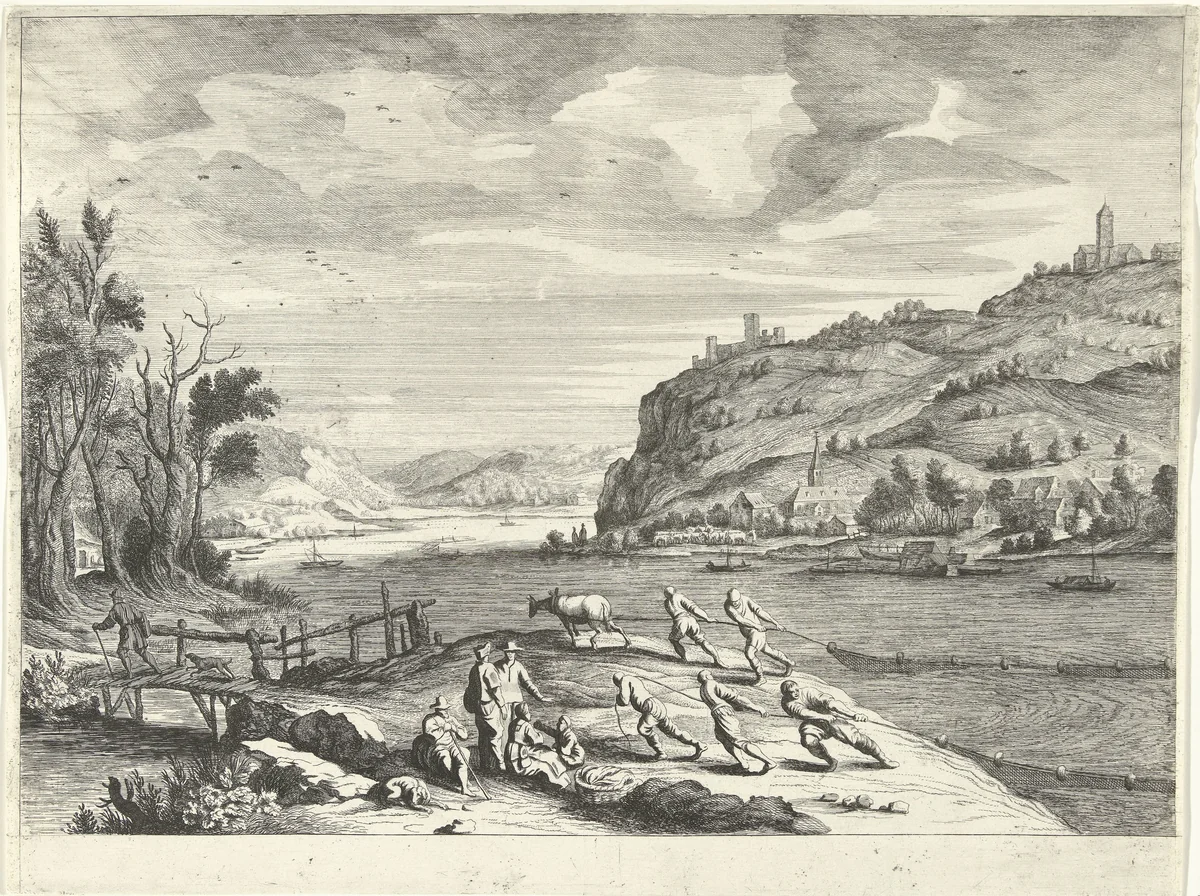 Italiaans landschap met vissers by Willem van de Lande, print, 1635-1650