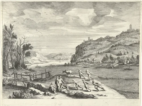Italiaans landschap met vissers by Willem van de Lande, print, 1635-1650