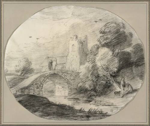 River Landscape with a Bridge and a Church by Thomas Gainsborough, drawing, 1781
