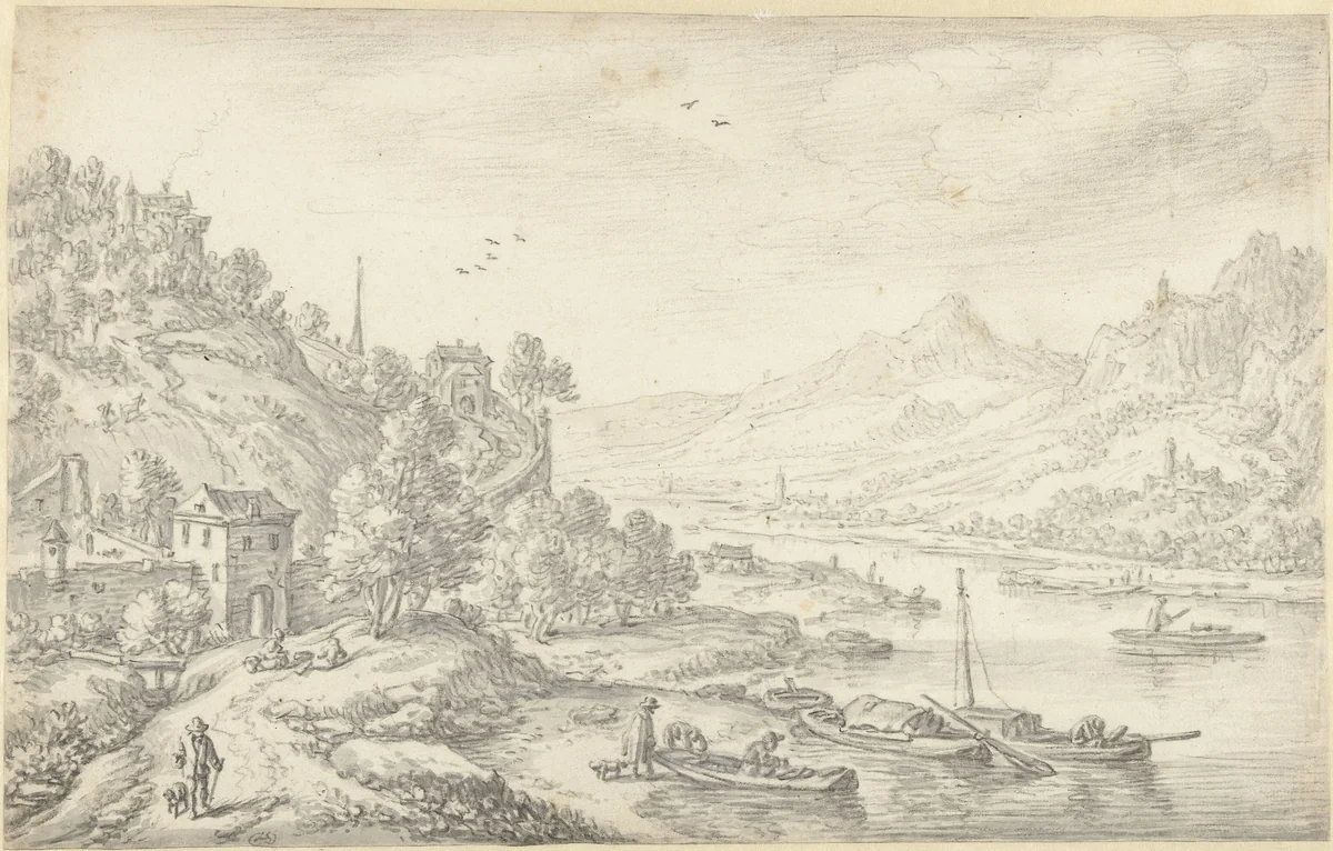 Gefantaseerd Rijngezicht by Herman Saftleven, drawing, 1619-1685