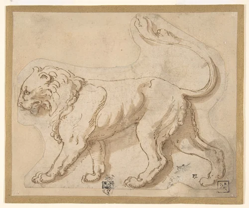 A Lion in Profile Facing to the Left ("Leo") by Giulio Romano, drawing, 1490-1546