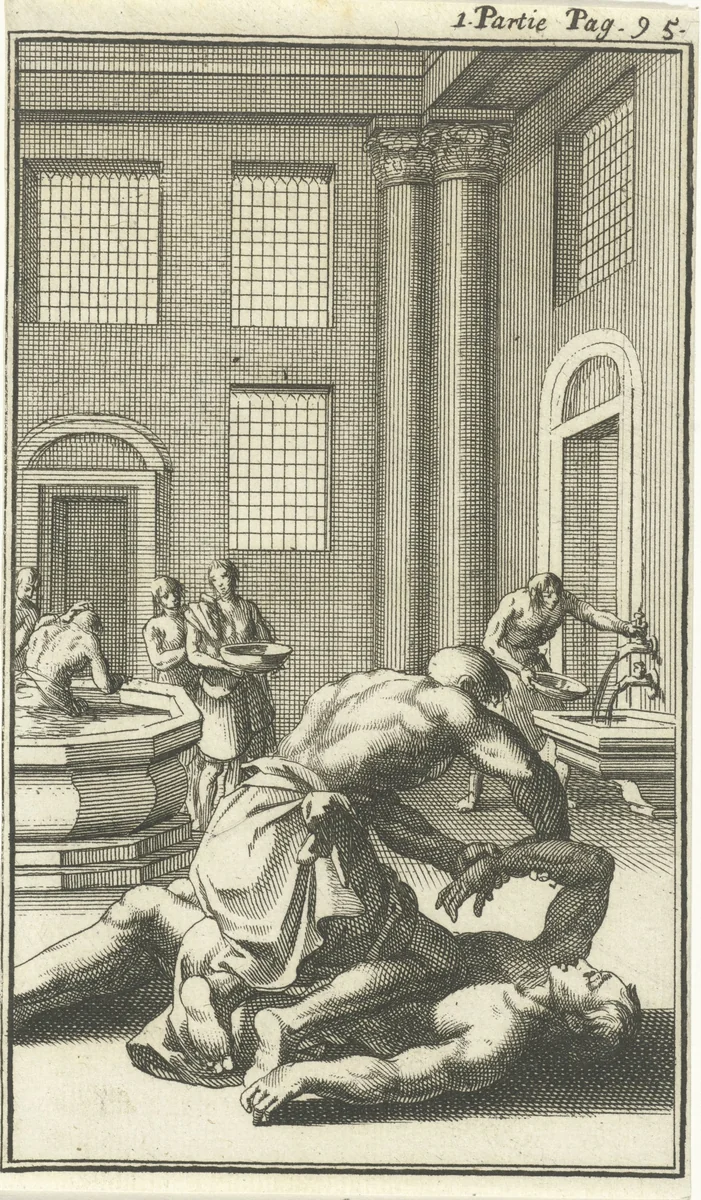 Interieur van een Turks badhuis waar massages plaatsvinden by Jan Luyken, print, 1689
