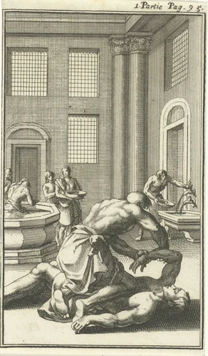Interieur van een Turks badhuis waar massages plaatsvinden by Jan Luyken, print, 1689