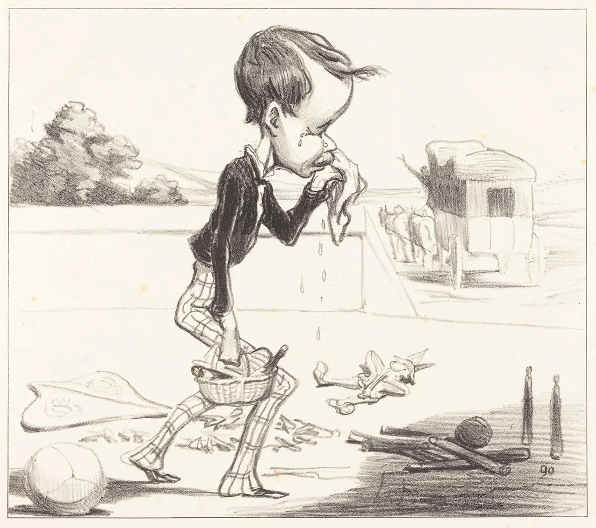 Le Jeune Estancelin est obligé de rentrer en classe! by Honoré Daumier, print, 1849