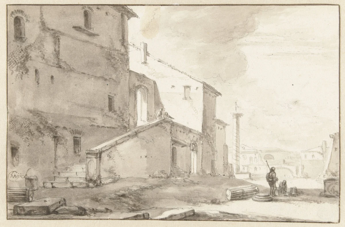 Italiaans stadsgezicht by Thomas Wijck, drawing, 1626-1677