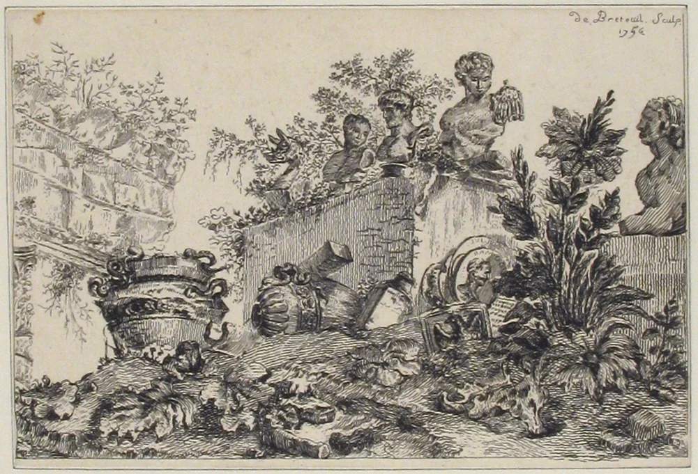 Landscape with Ruins of Statues and Vases by Comte de Jacques Laure Breteuil, print, 1746