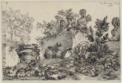 Landscape with Ruins of Statues and Vases by Comte de Jacques Laure Breteuil, print, 1746