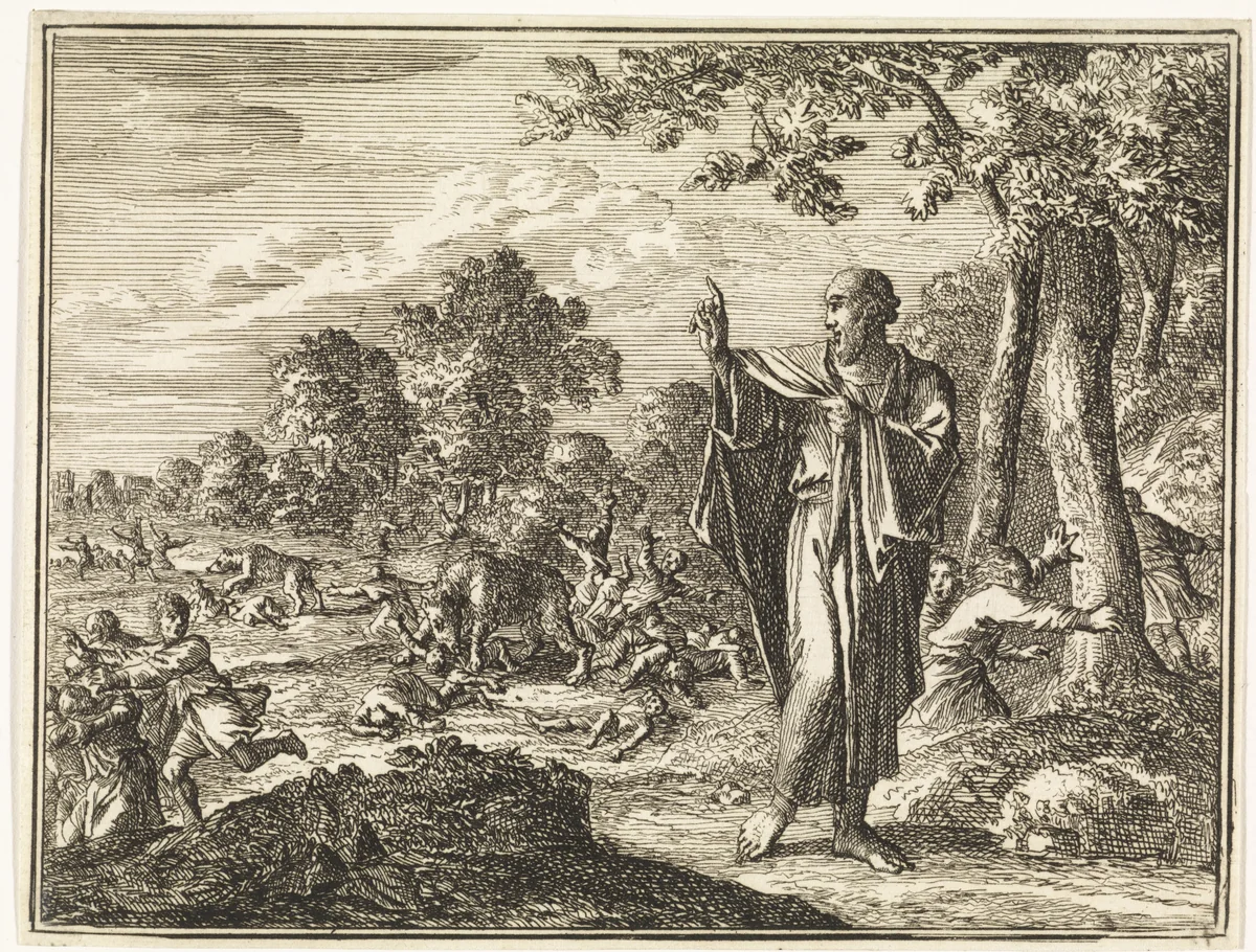 Bestraffing van de kinderen die Elisa bespotten by Jan Luyken, print, 1712