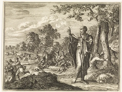Bestraffing van de kinderen die Elisa bespotten by Jan Luyken, print, 1712