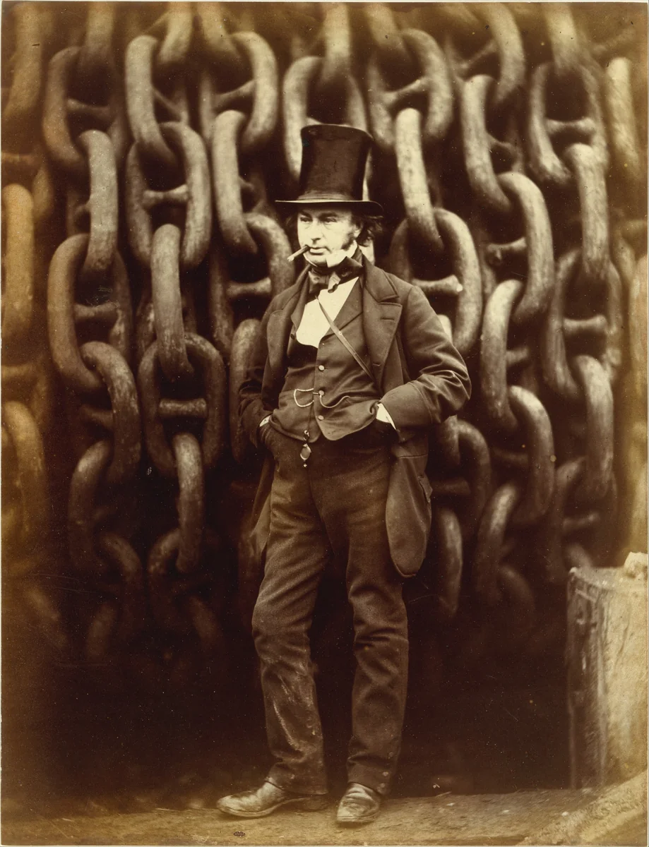 [Isambard Kingdom Brunel Standing Before the Launching Chains of the Great Eastern] by Robert Howlett, photograph, 1857