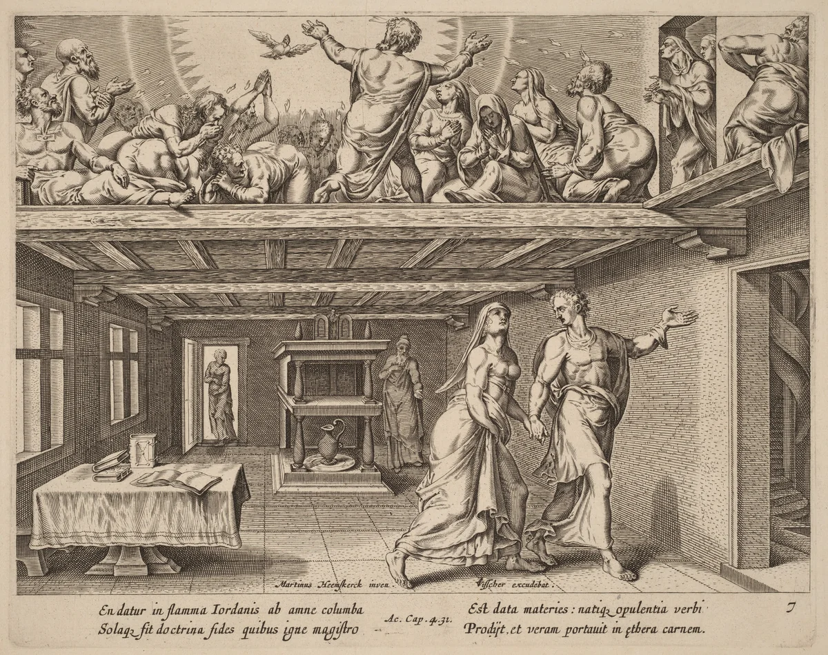 And They were All Filled with the Holy Ghost by Philip Galle, print, 1537-1612