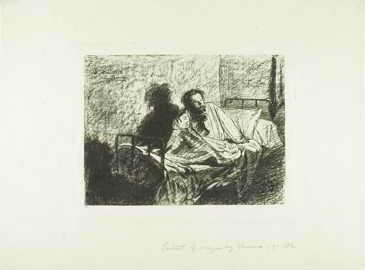 Portrait of Charles Meryon Sitting Up in Bed by Léopold Flameng, print, 1858