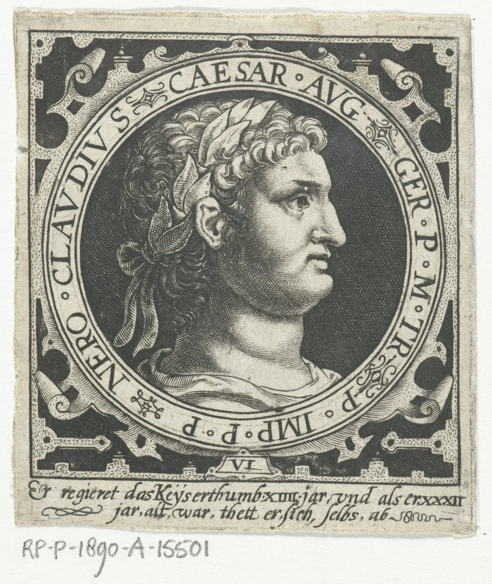 Portret van keizer Nero op medaillon by Nicolaes de Bruyn, print, 1594