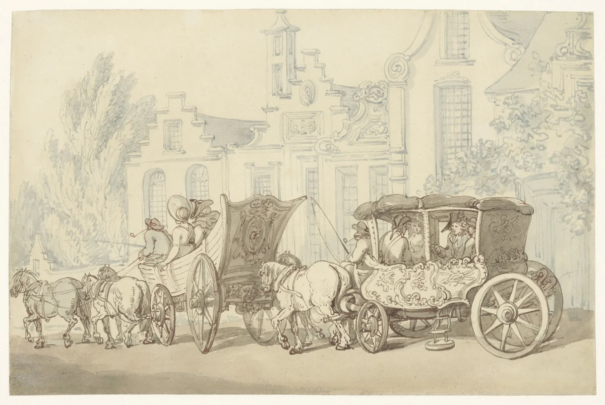 Open reiswagen en koets in een quasi-Hollandse straat by Thomas Rowlandson, drawing, 1790-1827