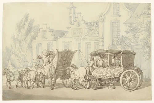 Open reiswagen en koets in een quasi-Hollandse straat by Thomas Rowlandson, drawing, 1790-1827