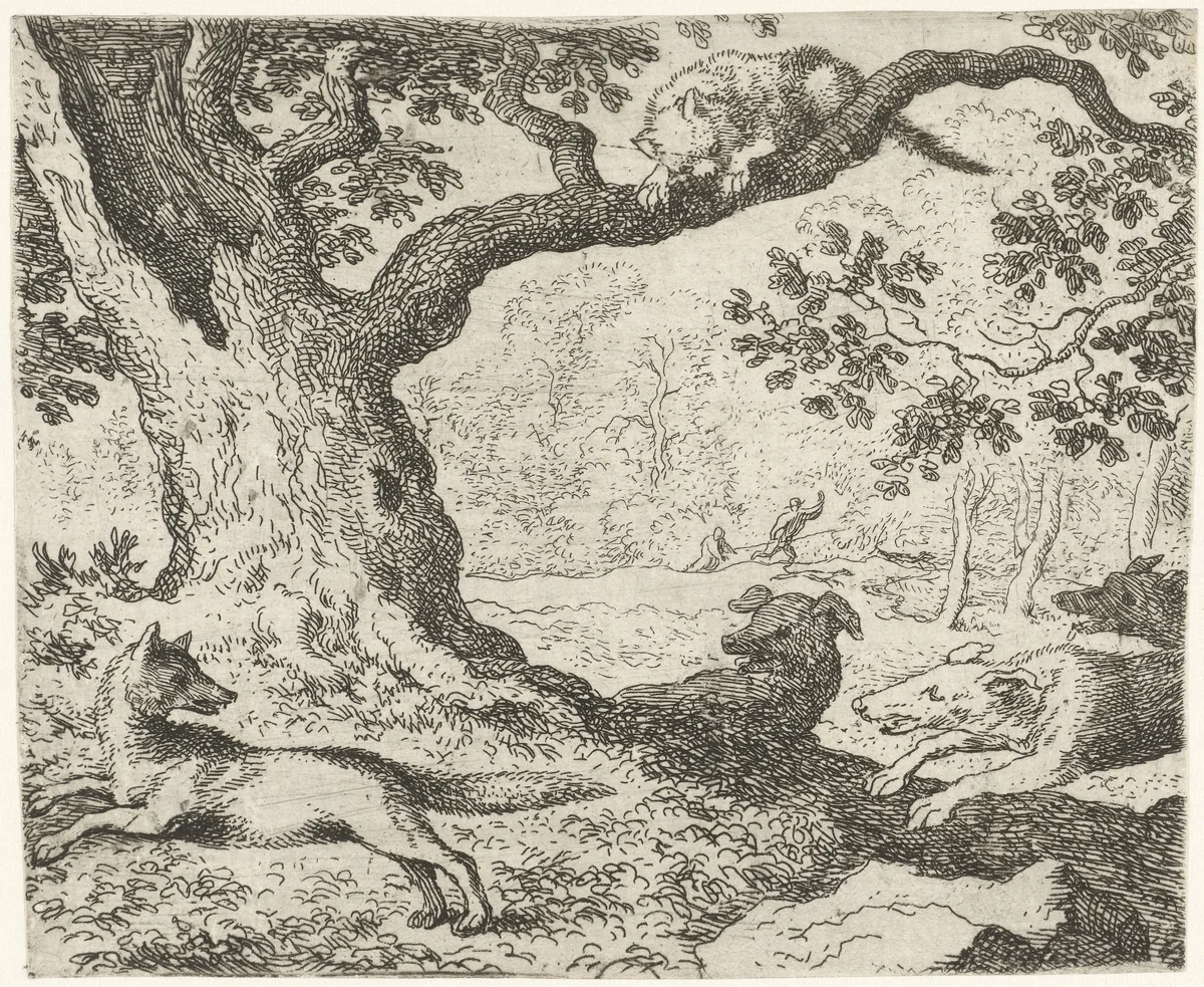 Kat in de boom by Allaert van Everdingen, print, 1665-1675